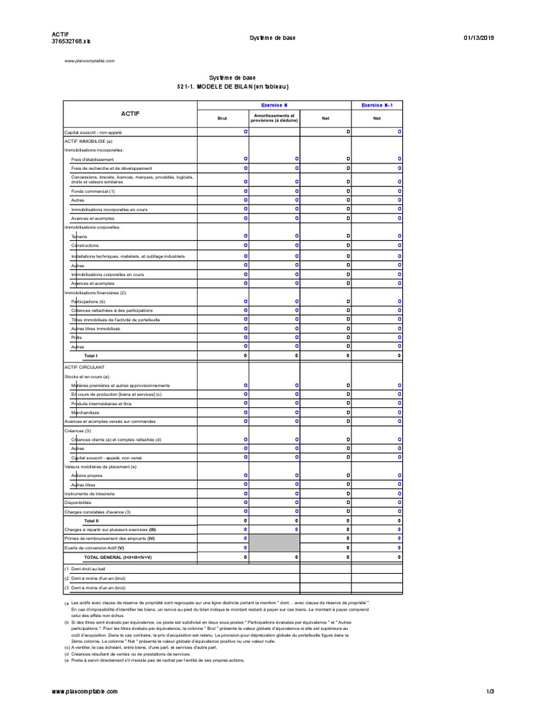 5211 Modele de Bilan (en Tableau)  Capitaux propres  Immobilisations
