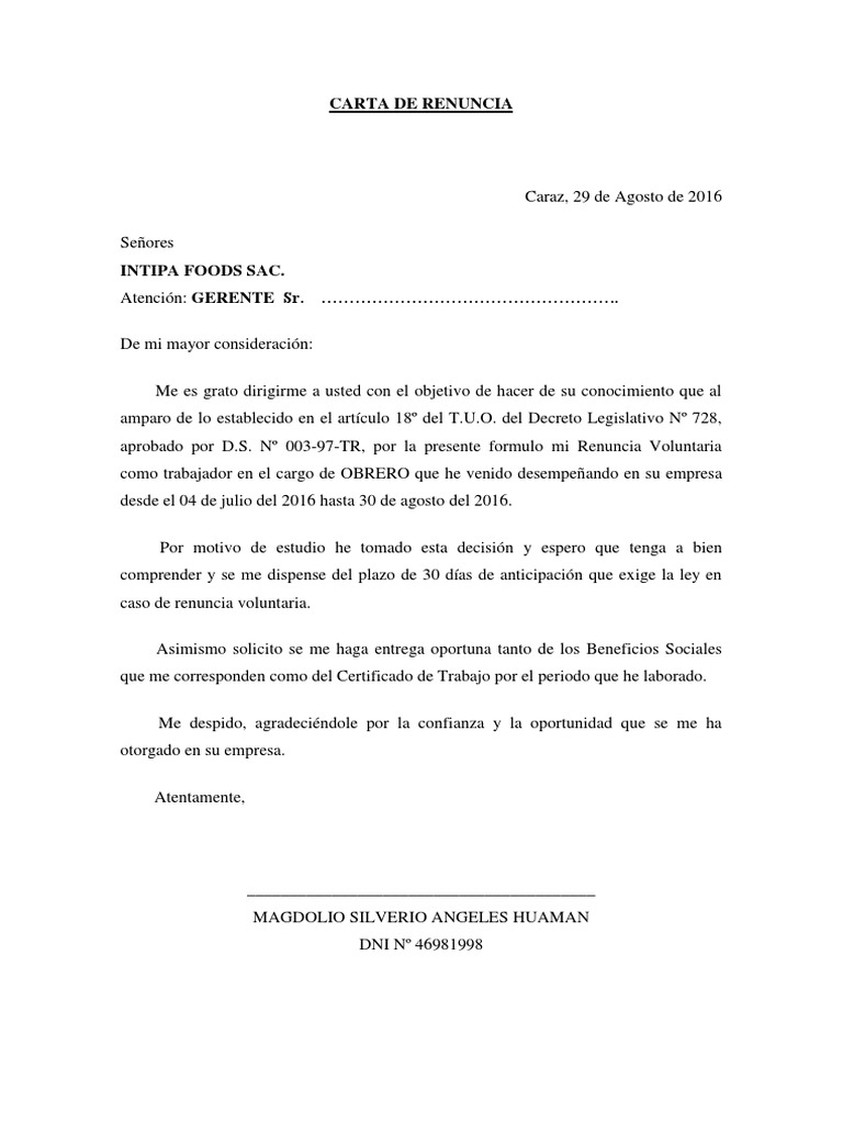 Carta de Renuncia Obrero