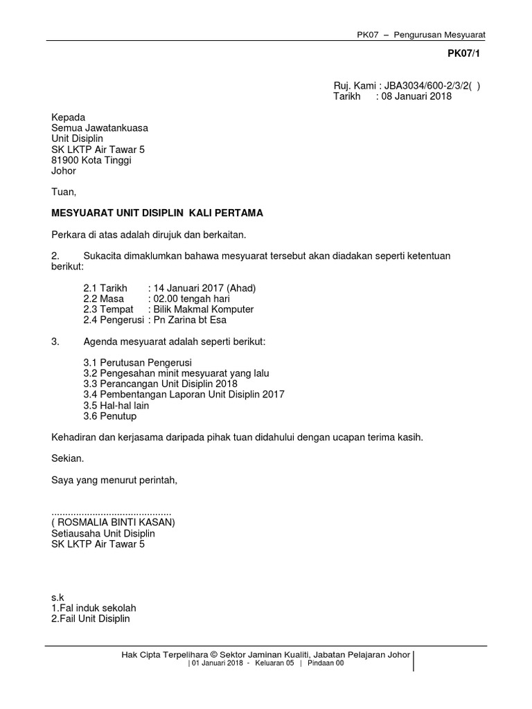 Surat Panggilan Mesyuarat Pengurusan
