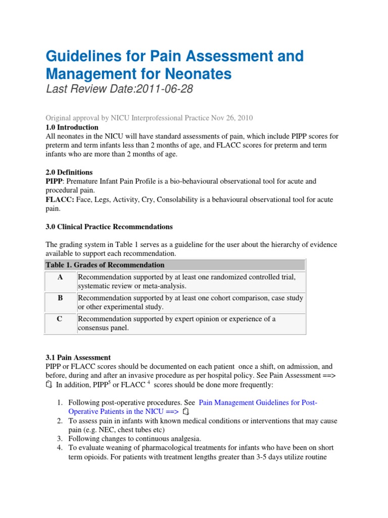 Guidelines for Pain Assessment and Management for Neonates Pain