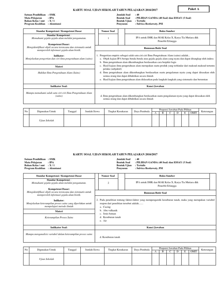 Kartu Soal Us Ipa Utama Paket A 1617