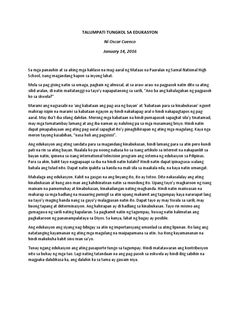 Talumpati Tungkol Sa Edukasyon