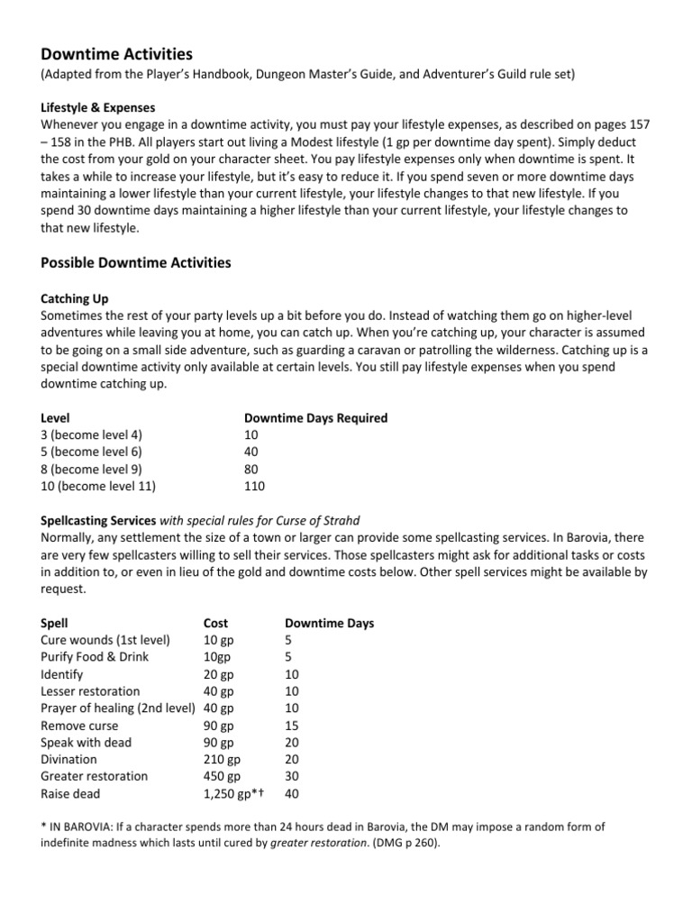 D D 5e Downtime Rules Dungeons Dragons Leisure