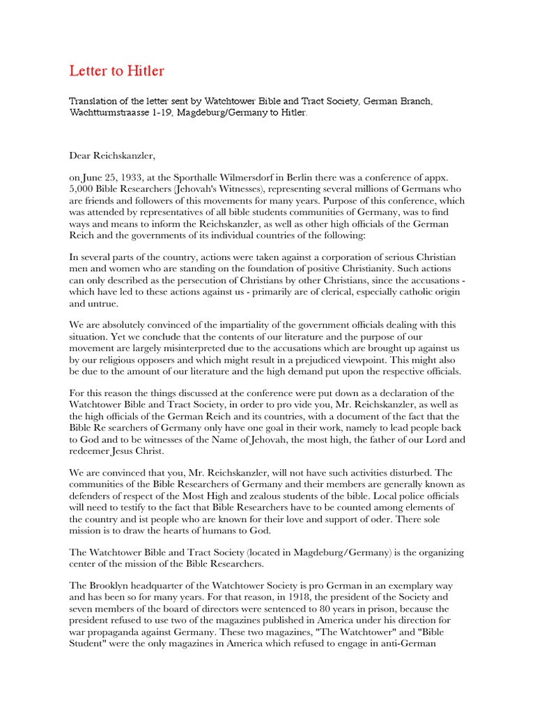 Letter from Watchtower to Hitler | PDF | Nazi Germany | Defamation