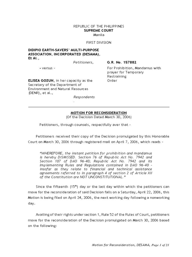 Supreme Court Motion for Reconsideration, DESAMA, Page 1 of 21 Article Three Of The United