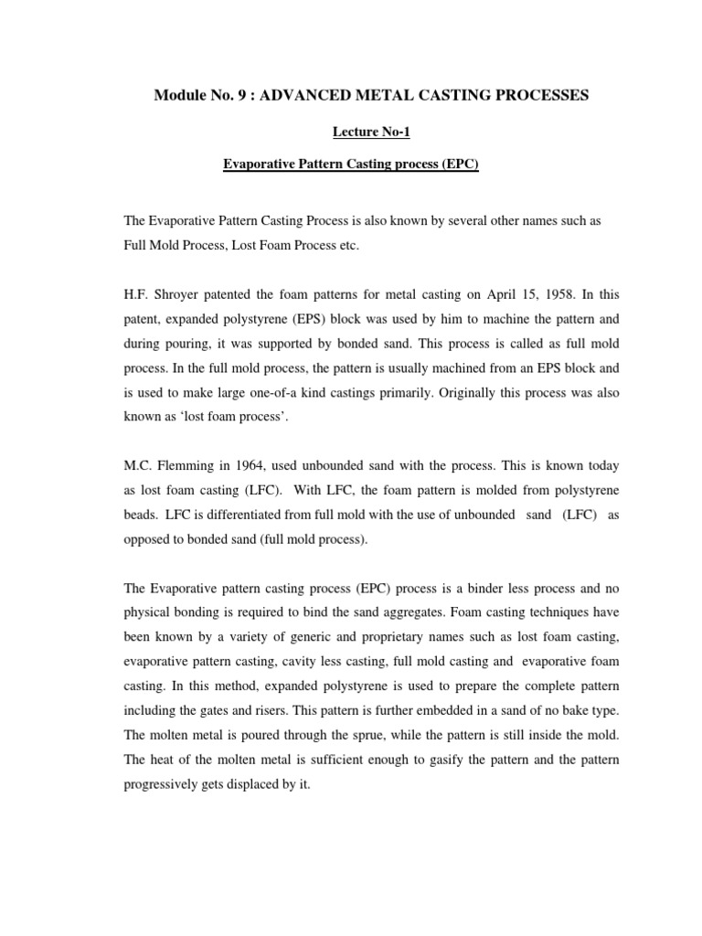 Module No. 9 Advanced Metal Casting Processes PDF Casting