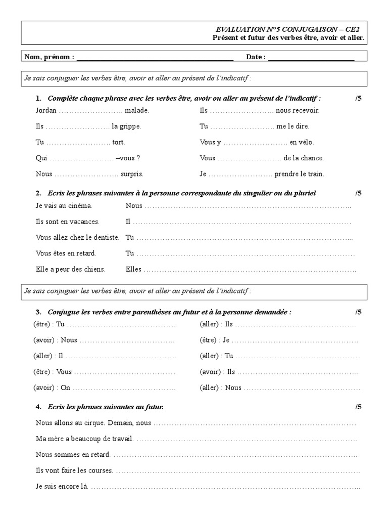 évaluation être Et Avoir Au Présent Ce2 Pdf 5 PRESENT FUTUR Etre Avoir Aller | PDF | Verbe | Typologie linguistique