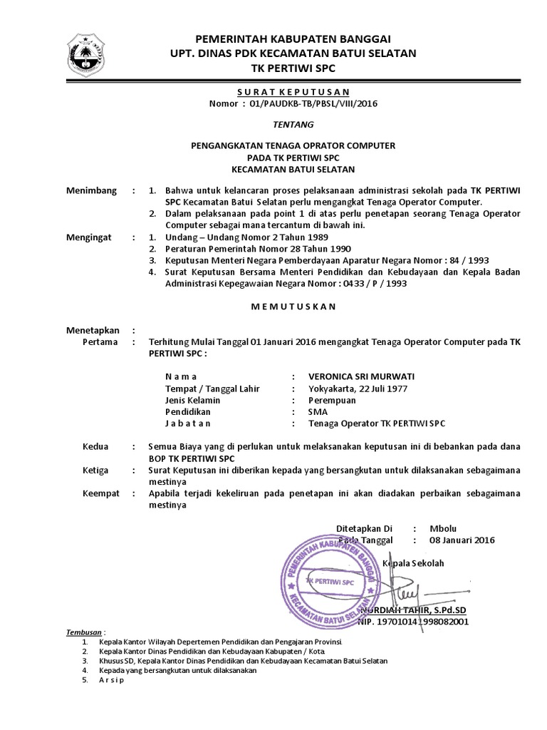 Sk Pengangkatan Operator Paud Kb Tunas Bangsa Paisubuloli