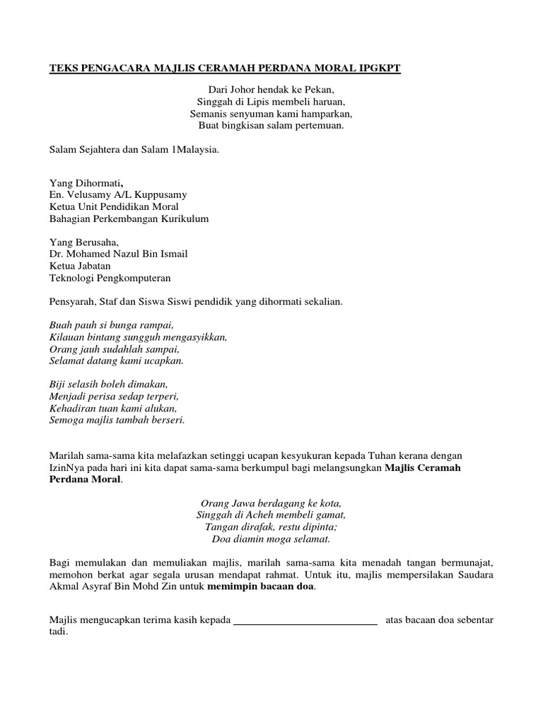 Teks Mc Ceramah Perdana Moral