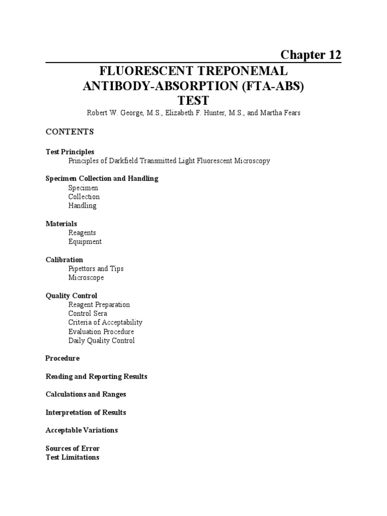 Fluorescent Treponemal Antibody Absorption FTA ABS Test | Download Free ...
