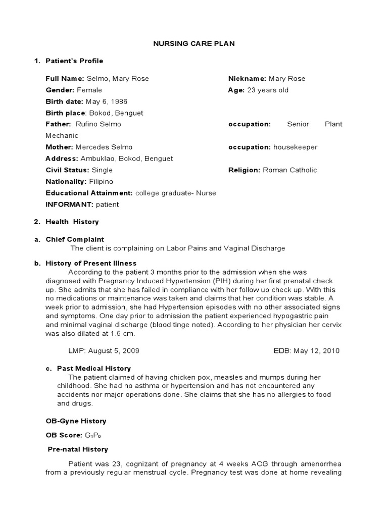 OB Care Plan for Mary Rose Selmo | PDF | Blood Pressure | Medicine