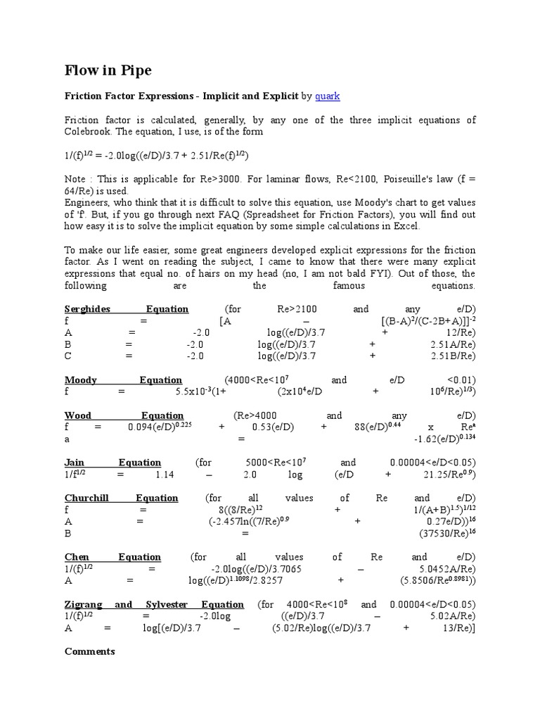 Flow in Pipe: Friction Factor Expressions - Implicit and Explicit by ...