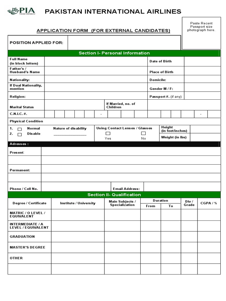 PIA Job Application Form for Candidates | PDF | Academic Degree | Labour