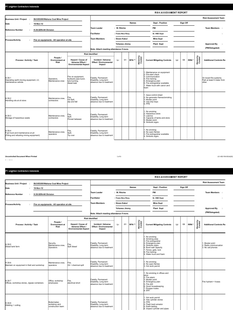 Wahana Coal Mine Risk Assessment | PDF | Emergency Management | Coal Mining