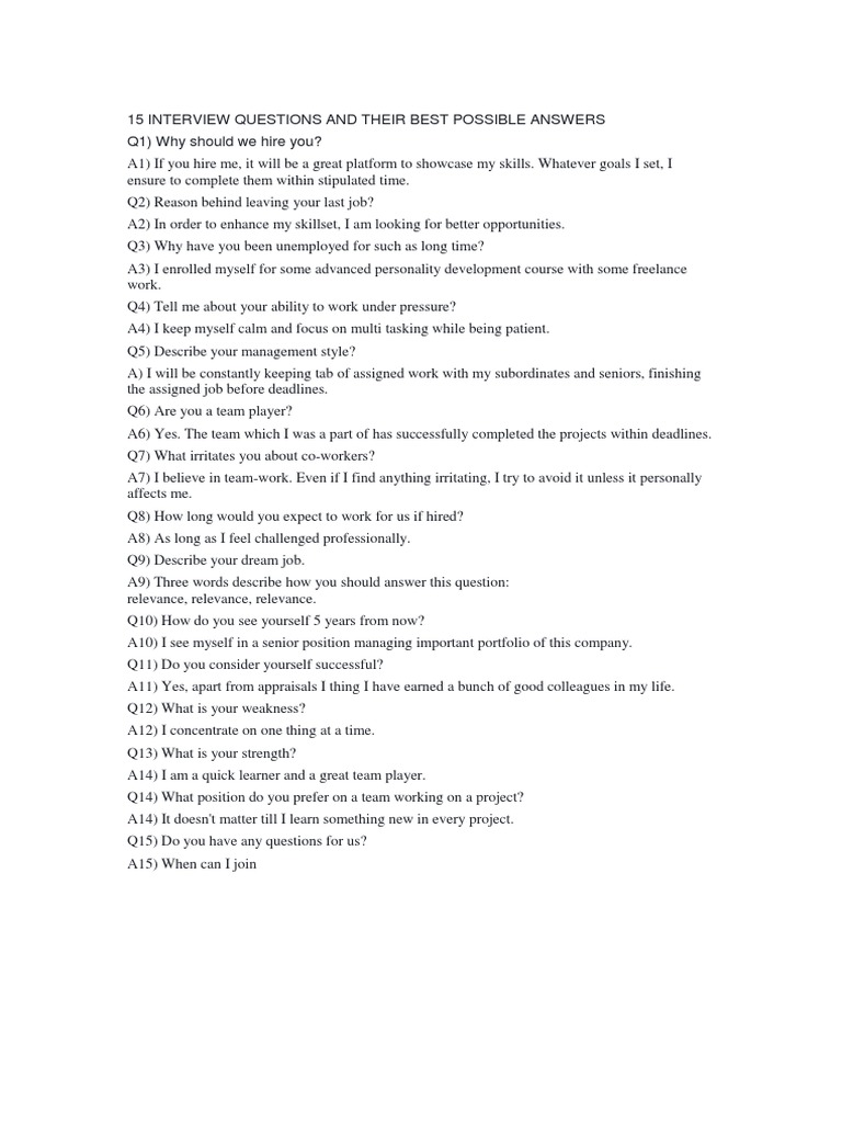 Top 15 Interview Questions & Answers | PDF | Psychological Concepts ...