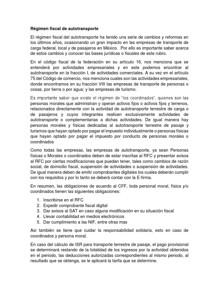 Régimen Fiscal de Autotransporte | PDF | Impuestos | Transporte