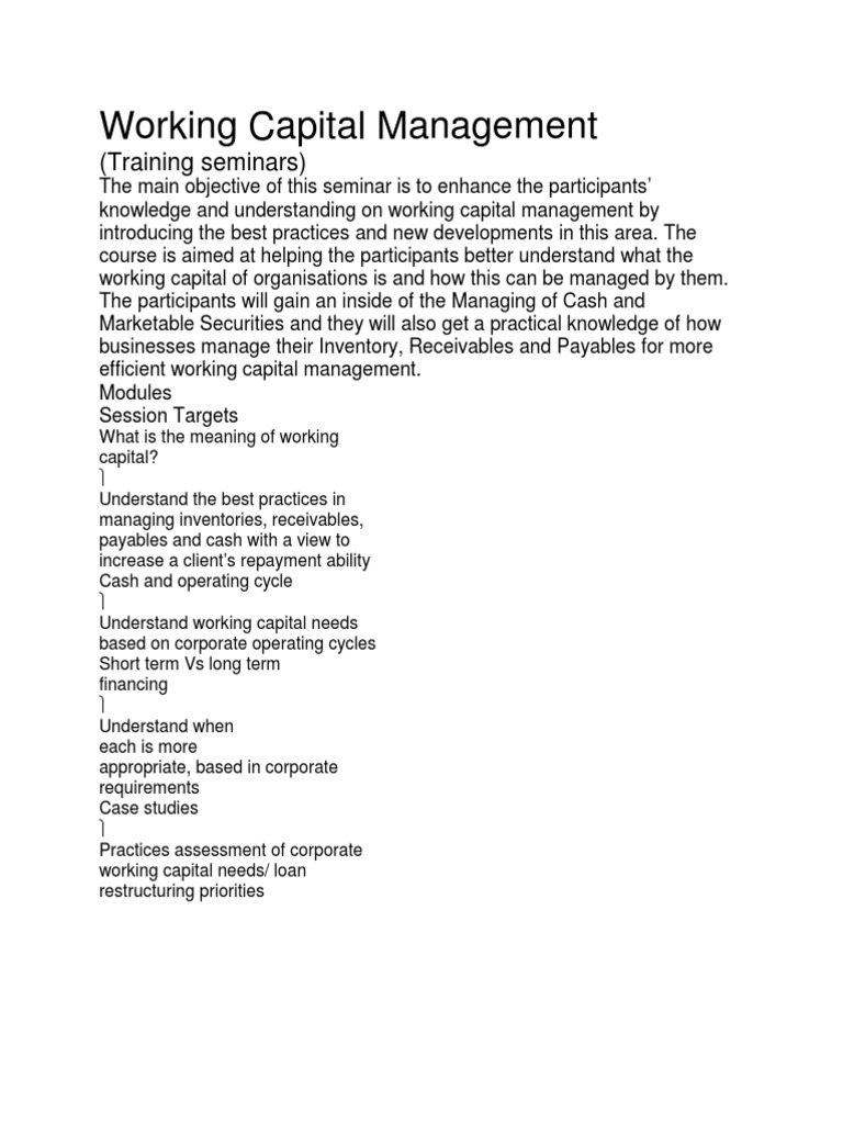 Working Capital Management Seminar Insights | PDF | Career & Growth ...