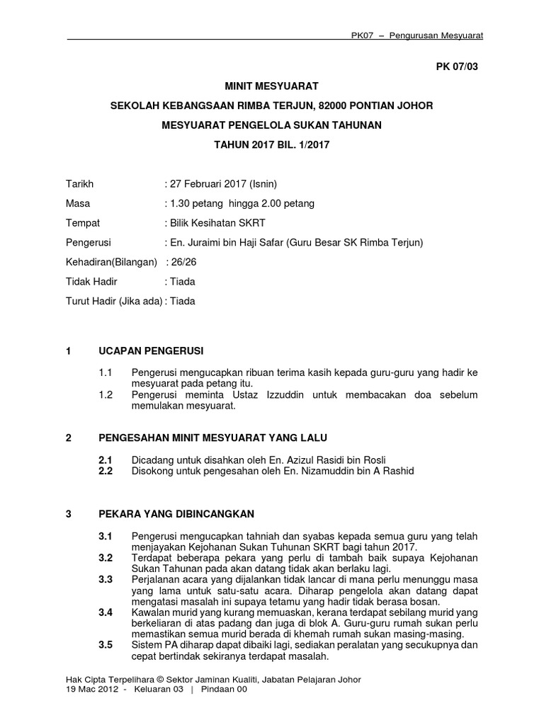2017 Minit Mesyuarat Sukan Post Mertem Pdf