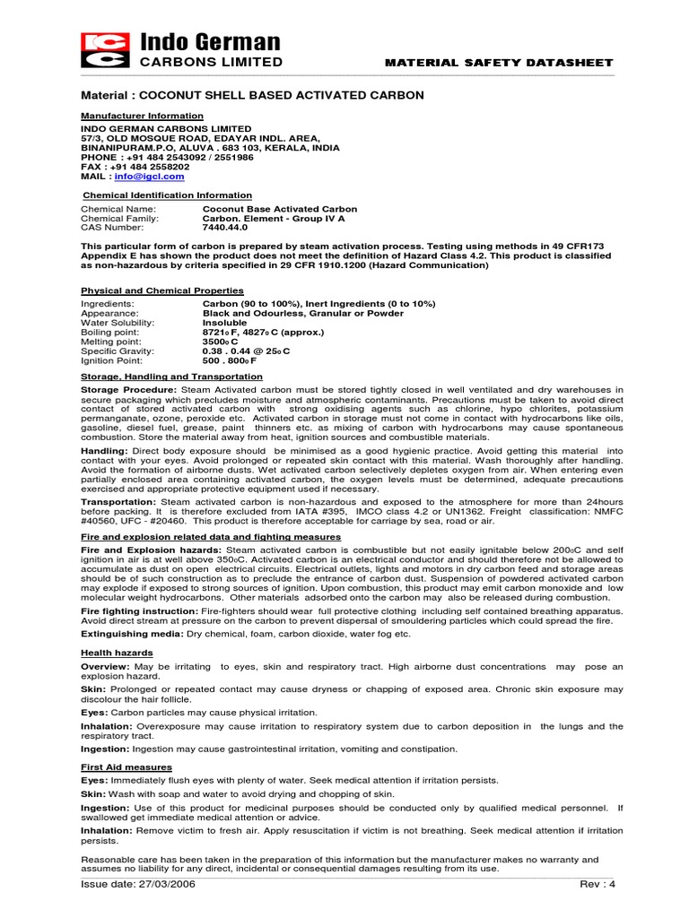 Powdered Activated Carbon Safety Data | PDF | Combustion | Carbon