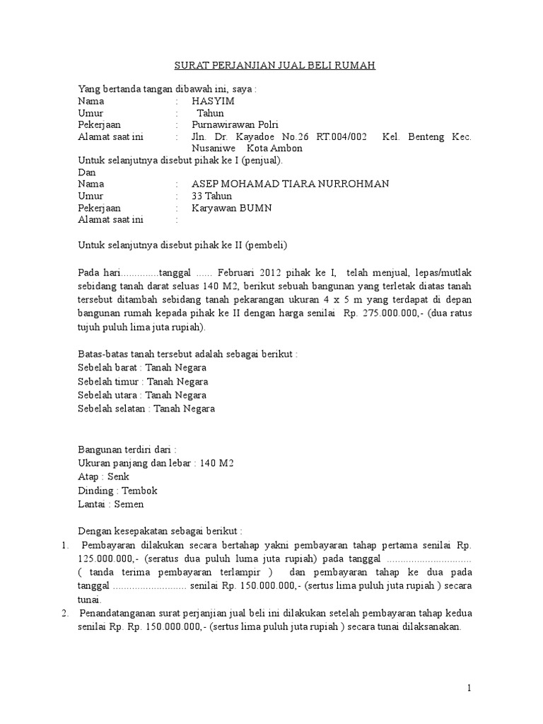 1, Contoh Surat Perjanjian Jual Beli Rumah Ulun  PDF