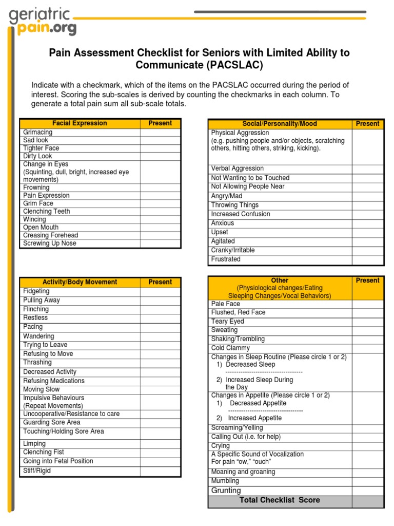 Pacslac Checklist With SM Logo PDF | PDF | Pain | Behavioural Sciences