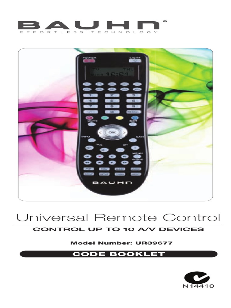 UR39677 Bauhn Universal Remote Code Book PDF Car Motor Vehicle