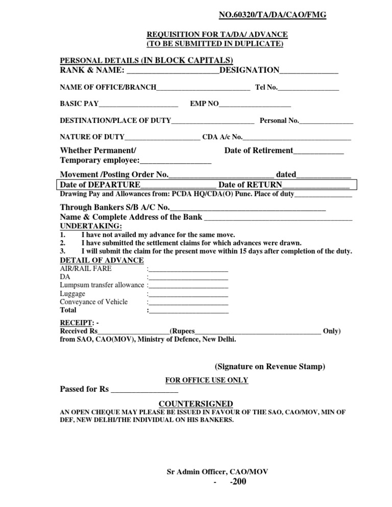 TA/DA Advance Requisition Form | PDF | Finance & Money Management