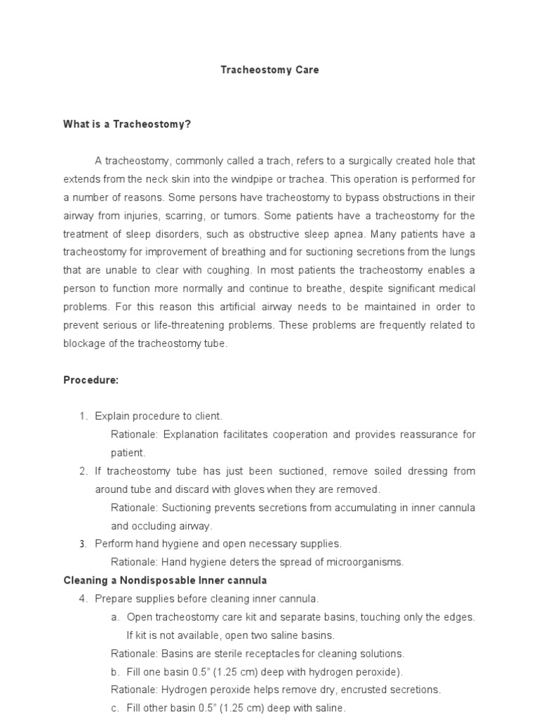 Tracheostomy Care Procedures Guide | PDF | Clinical Medicine | Medicine