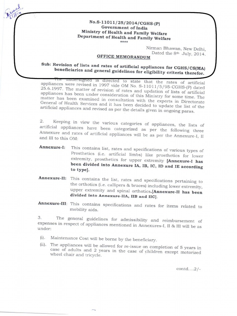 CGHS Approved List Prosthesis Elbow