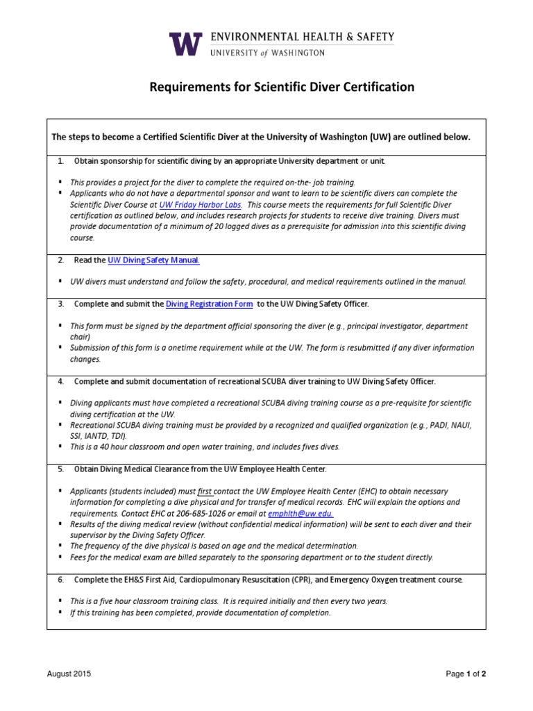 Requirements For Scientific Diver Certification PDF Scuba Diving