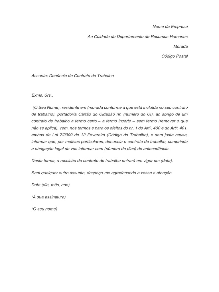 Carta De Despedimento Por Iniciativa Do Trabalhador Minuta De Carta