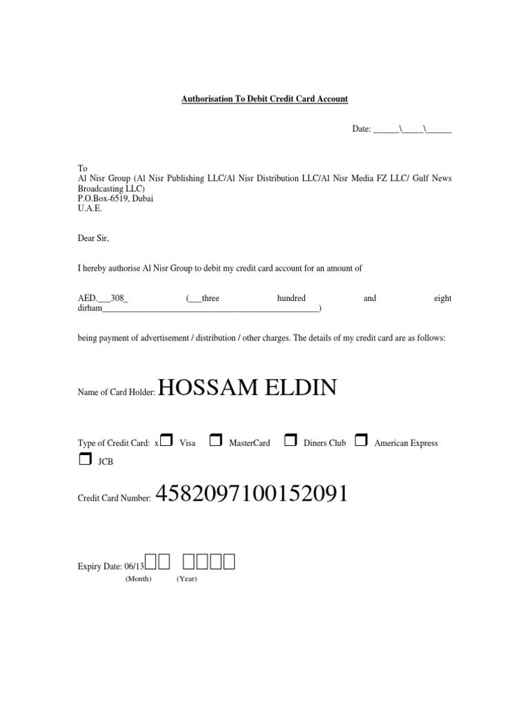 Credit Card Debit Authorization Form | PDF | Finance & Money Management