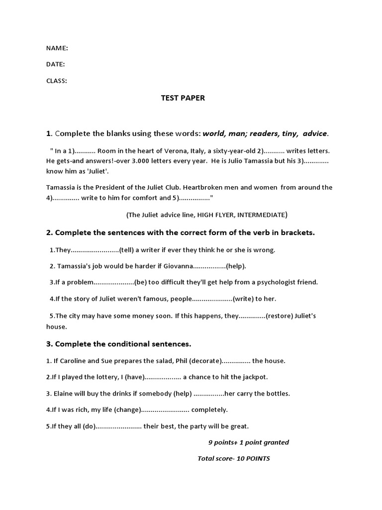 Test Paper: 9 Points+ 1 Point Granted Total Score-10 POINTS | PDF