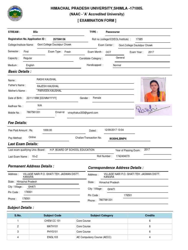 HPU Exam Form Details 2017 | PDF | Government | Business