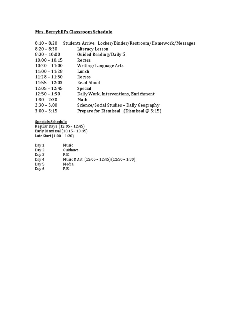 Mrs berryhill s classroom schedule pdf