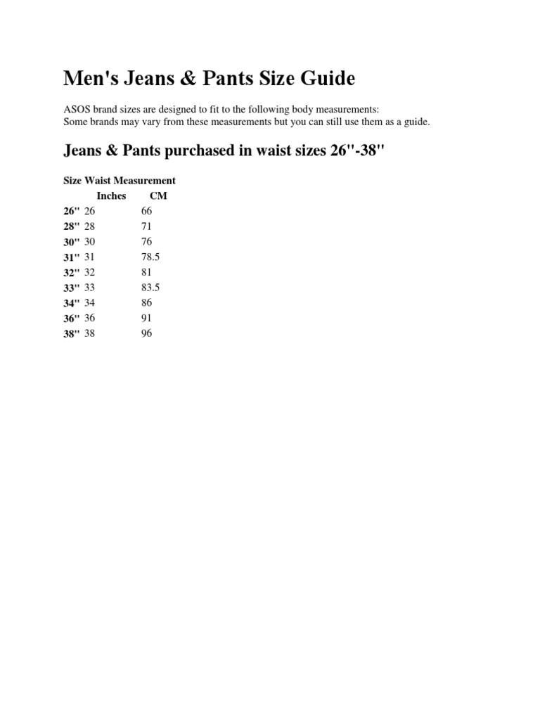 Men's Jeans & Pants Size Guide PDF