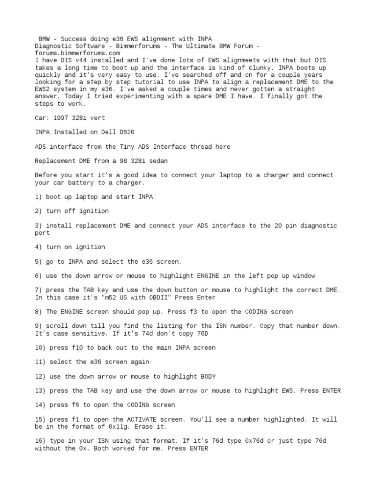 ALIGNMENT Od Dme and Ews Version2 Using INPA by BMW | Download Free PDF ...