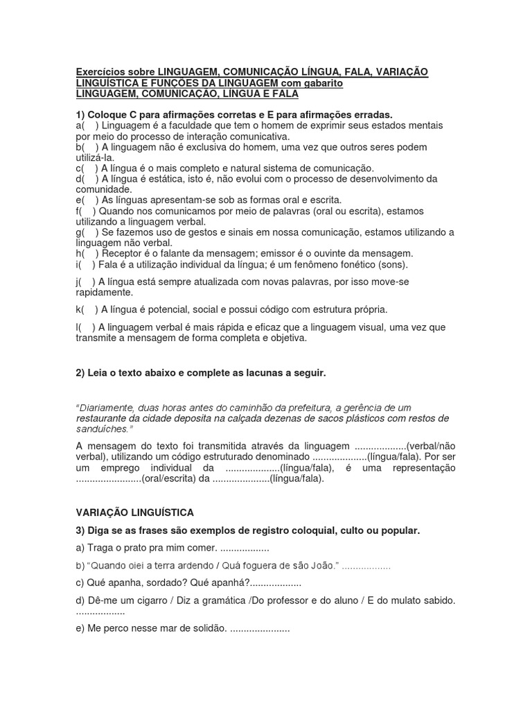 Exercícios de Linguagem e Comunicação | PDF | Linguística | Comunicação