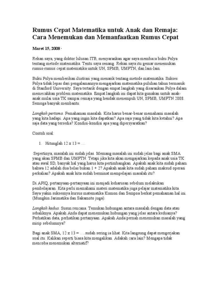Rumus Cepat Matematika Untuk Anak Dan Remaja