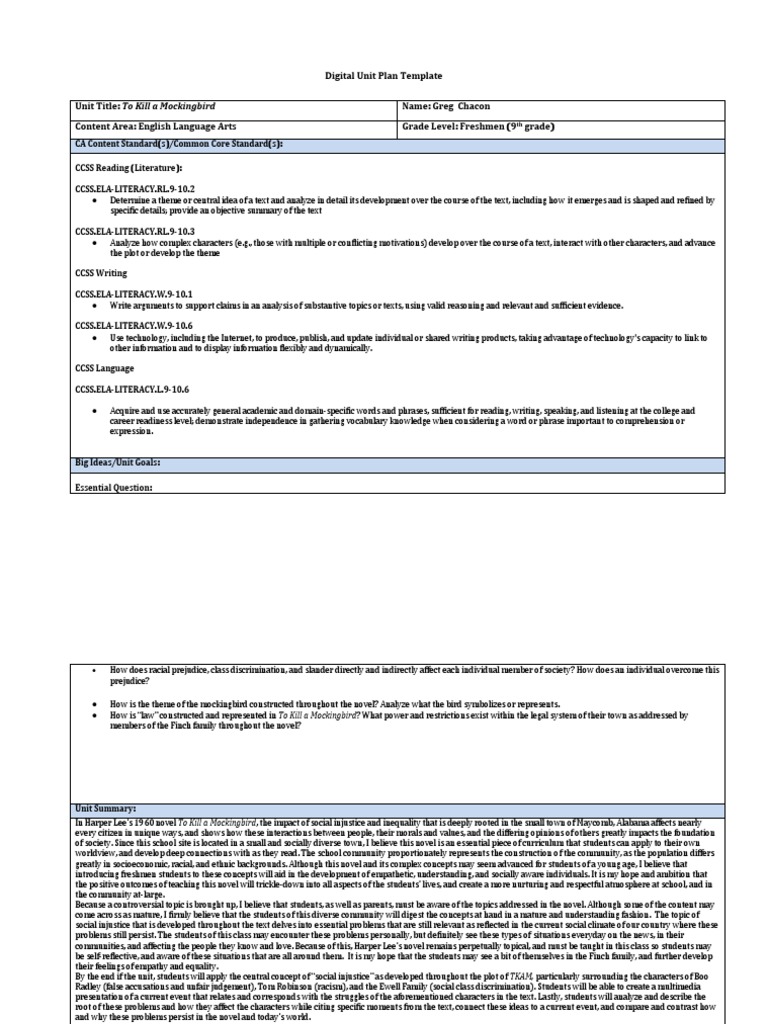 Digital Unit Plan Template Unit Title: To Kill A Mockingbird Name: Greg