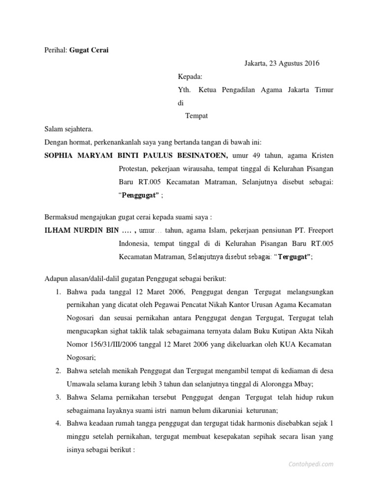 Contoh Surat Gugatan Cerai Agama Kristen Protestan