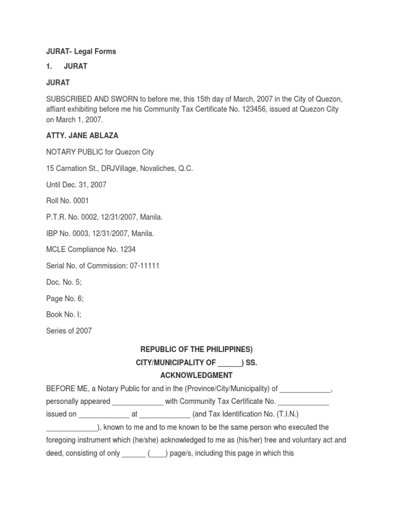 Jurat, Oath Notary Public Official Documents