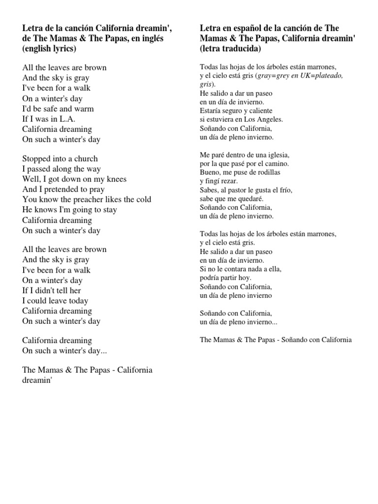 Letra de La Canción California Dreamin PDF