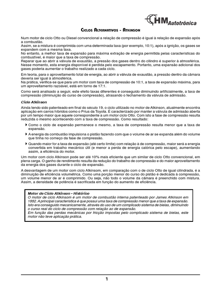 Ciclo Atkinson Toyota e Ford PDF Motor de Combustão interna Motores