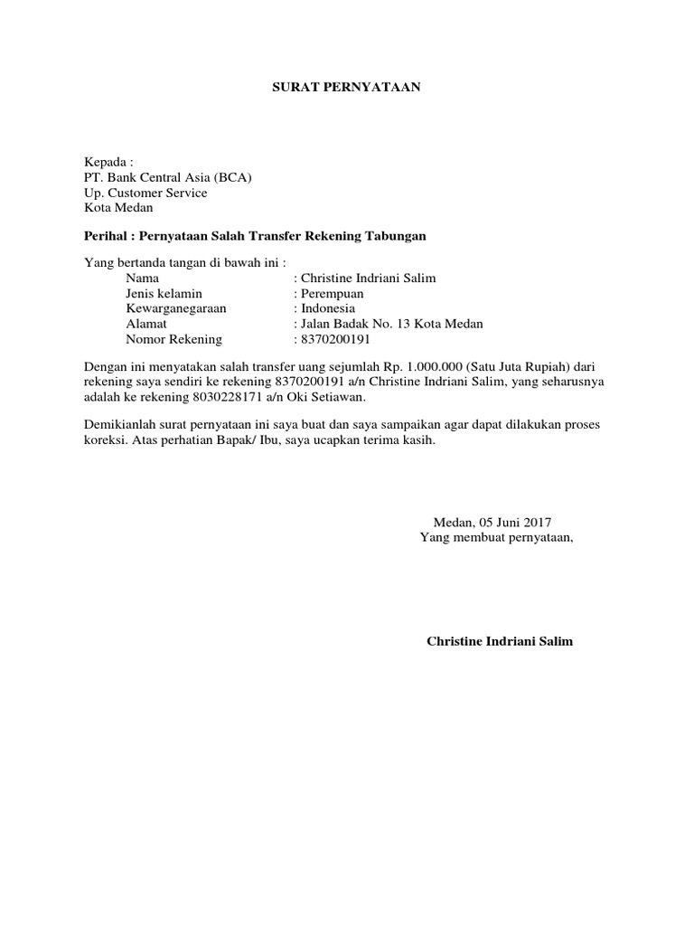 Surat Pernyataan Salah Transfer | PDF