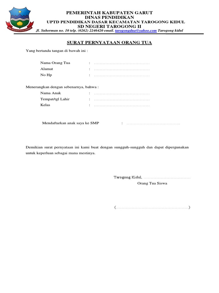 Surat Pernyataan Orang Tua