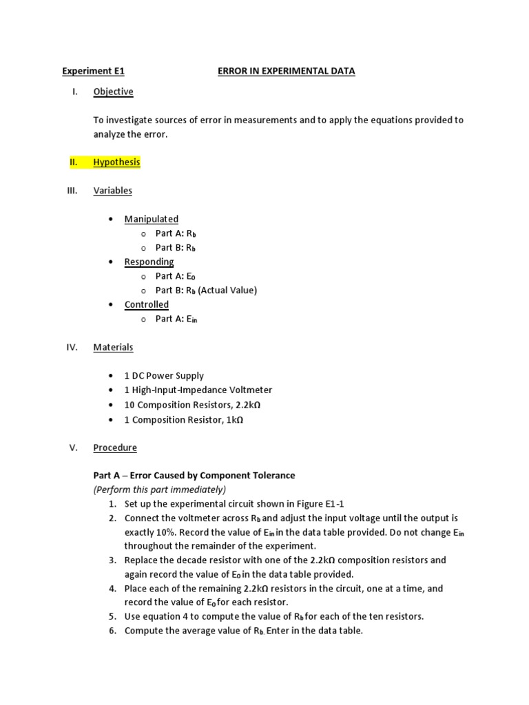 Lab Report 1 Error in Experimental Data PDF Resistor Experiment