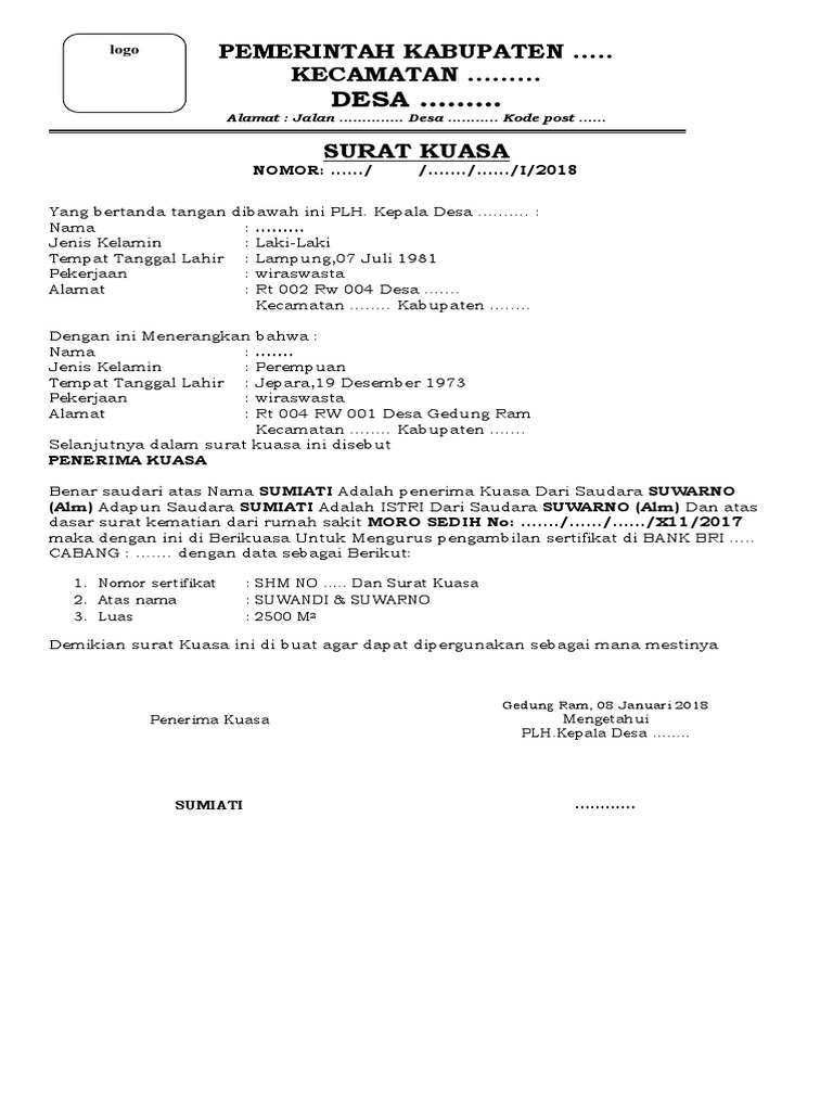 Contoh Surat Kuasa Atas Nama Plh Kepala Desa