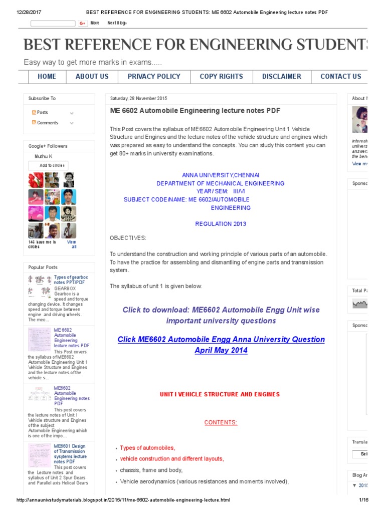 Automobile Engineering Lecture Notes PDF PDF Transmission (Mechanics) Engines