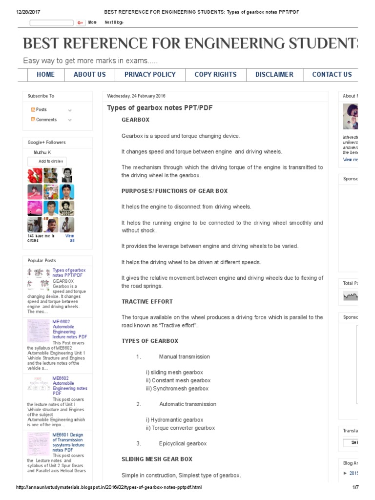 2best Reference For Engineering Students Types of Gearbox Notes PPT